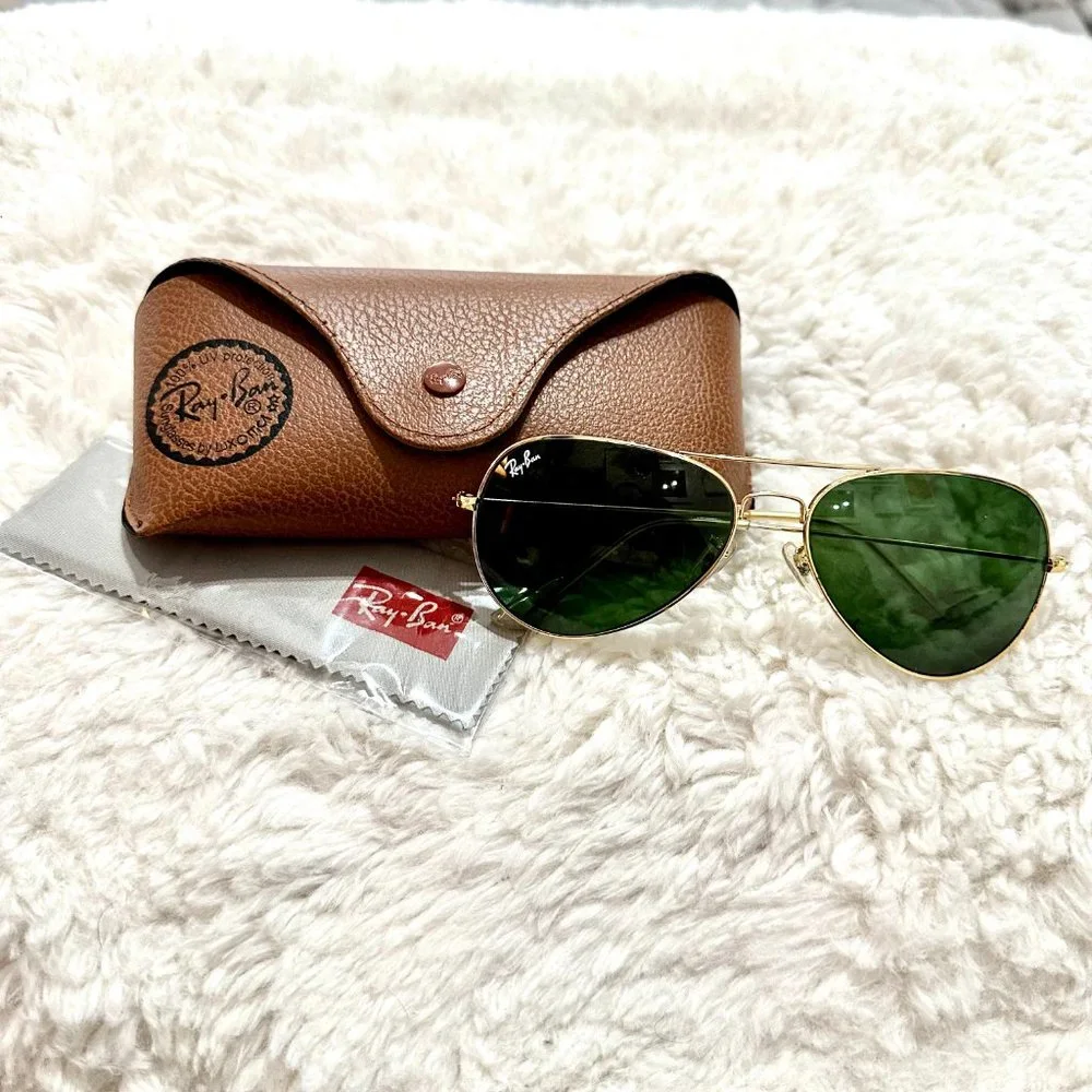New RAY-BAN Large Metal Aviator Sunglasses Gold Frame Light Green Gradient Lens - Picture 5 of 11